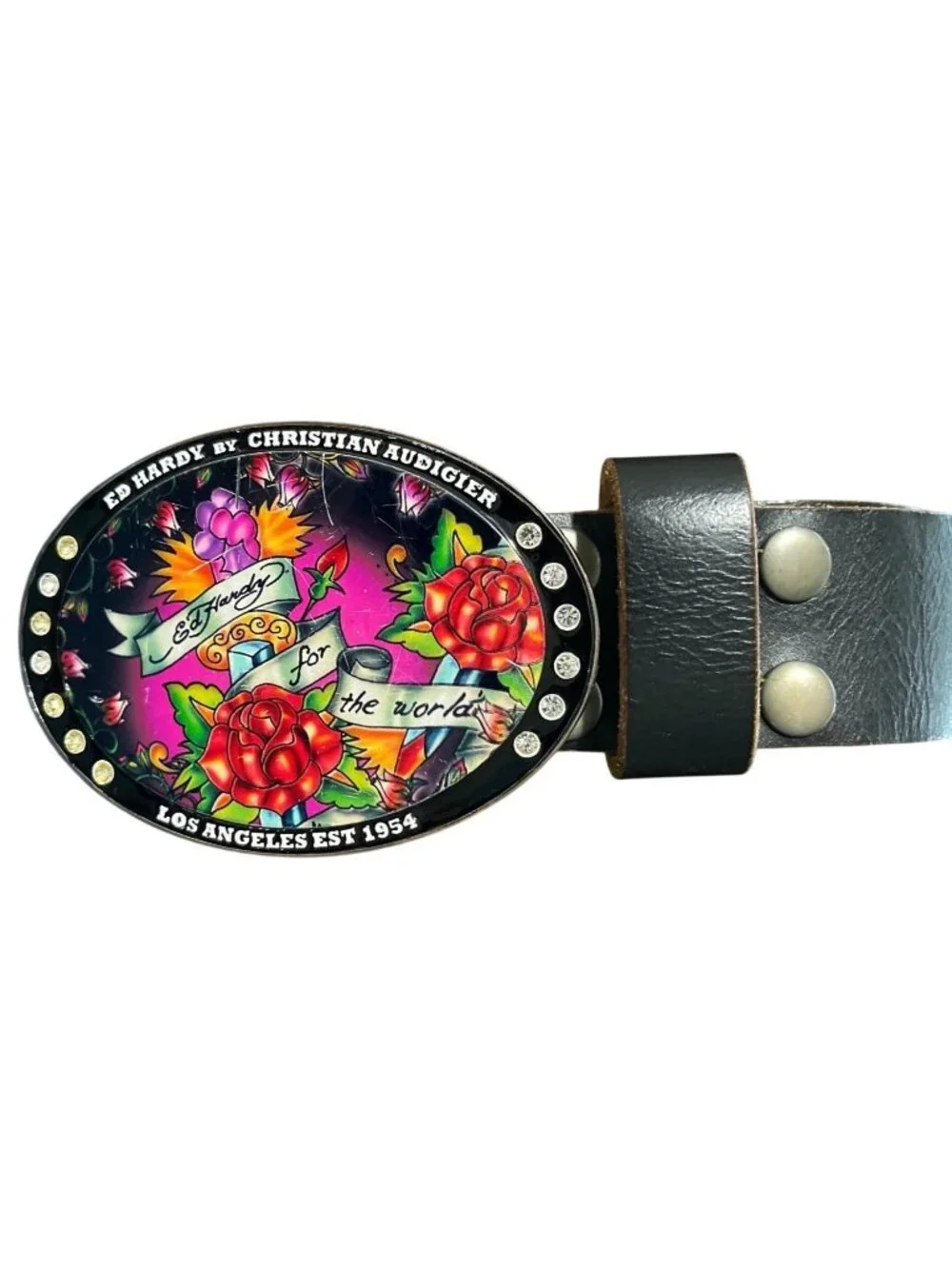 Ed Hardy by Christian Audigier Leather Belt Size S Tattoo Floral Rhinestone Y2K - Picture 2 of 9